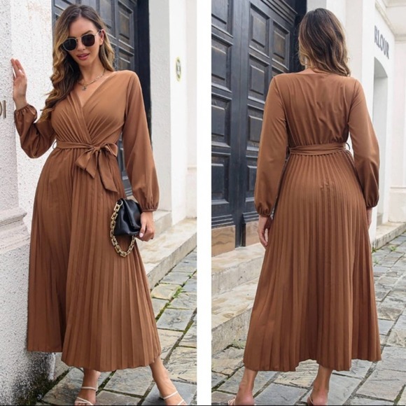 Brown Pleated Long Sleeve Surplice Maxi Dress - Picture 3 of 3